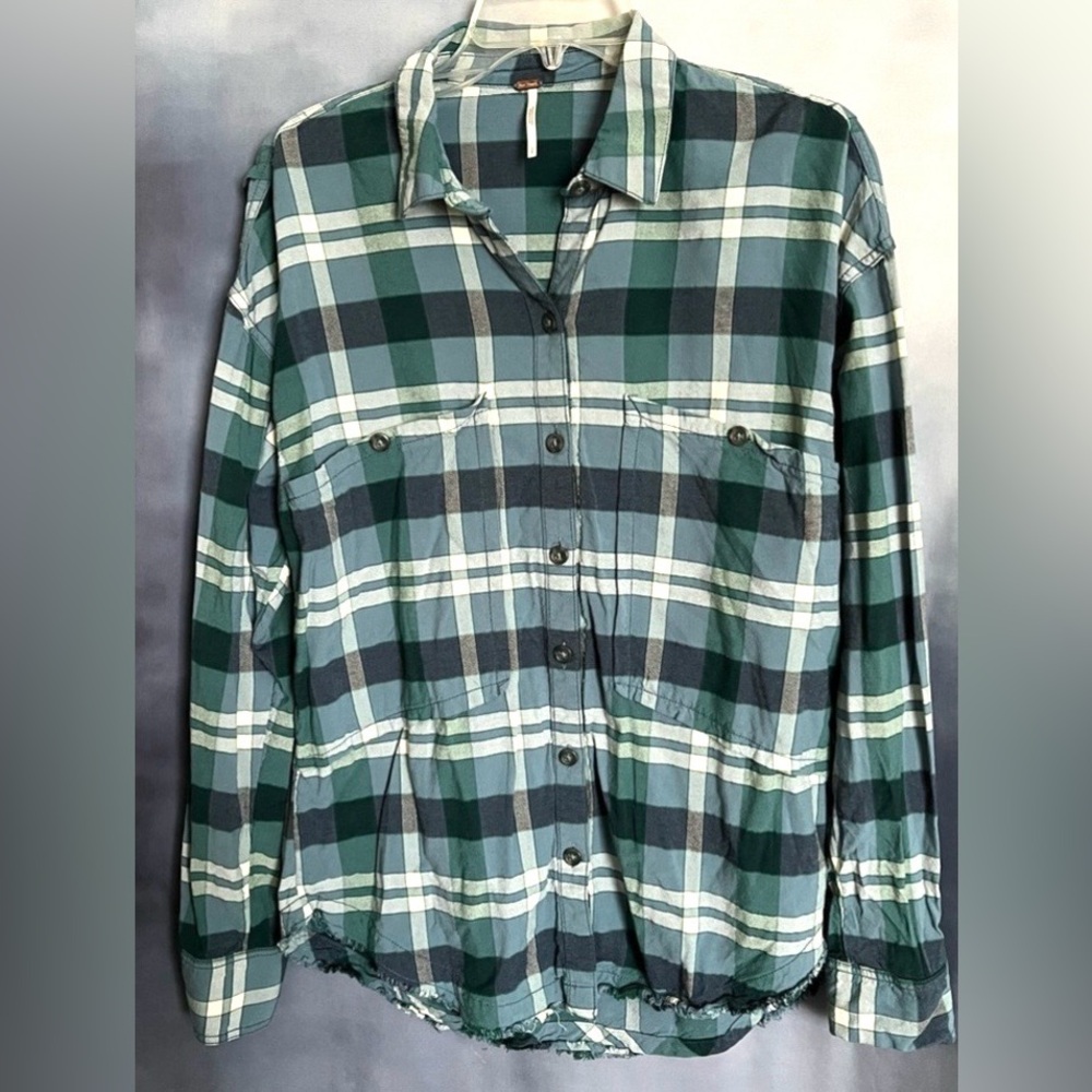 Free People Loveland Plaid Button Down Shirt with Frayed Hem - Women’s Size S